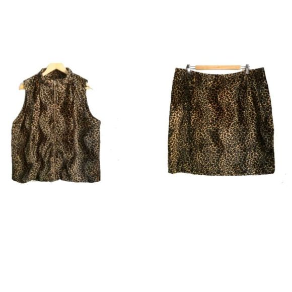 additionnelle Dresses & Skirts - ADDITIONNELLE Faux Fur Vest & Skirt Animal Leopard Print Suit 2 Piece Set Sz 18